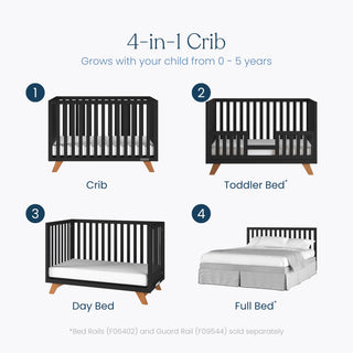 The Child Craft Soho 4-in-1 Convertible Crib in Ebony is shown as a crib, toddler bed with guard rail, day bed, and full-sized bed, highlighting its mid-century modern design that grows with your child from birth to age 5.