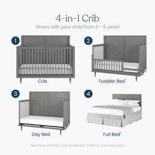 Image of the Child Craft Surrey Hill 4-in-1 Convertible Crib in Lunar Gray, shown as crib, toddler bed, day bed, and full bed; each stage is numbered and described. Bed rails and guard rail sold separately. Perfect for every nursery stage.