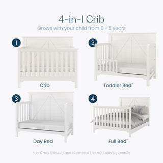 The Child Craft Woodland 4-in-1 Convertible Crib in Brushed Cotton offers adjustable mattress support and converts from crib to toddler bed, day bed, and full bed—providing versatile use for children ages 0–5.