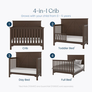 The Child Craft Woodland 4-in-1 Convertible Crib in Brushed Truffle converts from crib to toddler bed, day bed, and full bed. Shown with bedding in four labeled stages, it grows with your child from infancy to childhood.