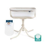 The HALO BassiNest® Swivel Sleeper 4.0 Air with Dreamweave Breathable Pad features breathable mesh sides on a beige four-legged stand, shown with mattress and a Baby Safety Verified badge in the lower right corner.