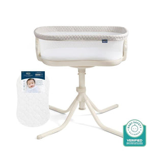 The HALO BassiNest® Swivel Sleeper 4.0 Air with Dreamweave Breathable Pad features breathable mesh sides on a beige four-legged stand, shown with mattress and a Baby Safety Verified badge in the lower right corner.