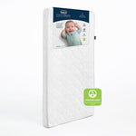 The DreamWeave™ Breathable Crib Mattress by HALO is a white, quilted baby mattress with a smiling baby on the packaging. It’s breathable, hypoallergenic, and GREENGUARD Gold certified for safety.