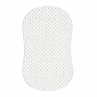 The HALO BassiNest® Fitted Sheet 100% Cotton features a white, contoured envelope design with a subtle geometric pattern. Set against a plain background, it is gentle on delicate skin and tapers slightly at the center for a secure fit.