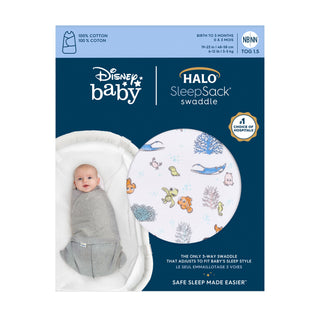 The HALO Finding Nemo Swaddle Cotton TOG 1.5, suitable for newborns up to 3 months, features a soothing blue design with sea creatures inspired by Finding Nemo. It pictures a baby snugly wrapped in gray, highlighting its safe sleep advantages and versatile 3-way adjustable design.