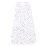 The Harry Potter™ Swaddle 100% Cotton TOG 1.5 from HALO features a whimsical animal and shape pattern, with gray dinosaurs accented in orange and red. Designed for healthy hip development, it has a front zipper and adjustable Velcro swaddle fasteners for a snug, comfortable fit.