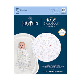 Packaging for the HALO Harry Potter™ Swaddle 100% Cotton TOG 1.5 features a baby in a light blue and white swaddle adorned with small Harry Potter icons; it highlights adjustable Velcro fasteners for healthy hip development and details on cotton material and sizing.