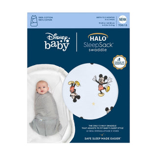 The Disney Baby HALO 100% Cotton Swaddle TOG 1.5 package shows a baby snugly wrapped in a gray swaddle on the left, with Mickey and Minnie illustrations on the right. Suitable for newborns to 3-month-olds, it promotes safe sleep practices for your child.