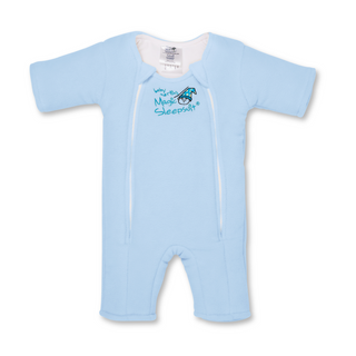 The HALO Baby Merlins Magic Sleepsuit® Micro-Fleece is a light blue, long-sleeve, padded sleepsuit with two front zippers and chest logo/text. Soft and ideal for swaddle transition, its shown on a white background.