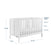 The Child Craft Atwood 3-in-1 Euro Convertible Crib in Matte White features slatted sides, chevron diagonal panels, and three mattress heights (Newborn, Sitting, Standing). Dimensions: 35.95
