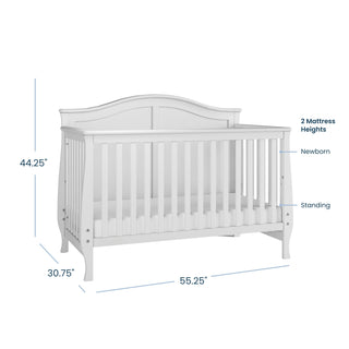 The Child Craft Camden 4-in-1 Convertible Crib in Matte White features slatted sides, a curved headboard, two mattress heights, and measures 44.25"H x 30.75"D x 55.25"W.