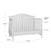 The Child Craft Camden 4-in-1 Convertible Crib in Matte White features slatted sides, a curved headboard, two mattress heights, and measures 44.25