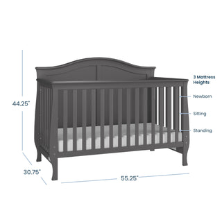 The Child Craft Camden 4-in-1 Convertible Crib in Cool Grey features slatted sides, an arched back panel, and a mattress that adjusts to three heights. Dimensions: 44.25"H x 55.25"W x 30.75"D.