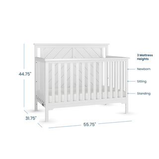 The Child Craft Hampton Flat Top 4-in-1 Convertible Crib in Matte White features slatted sides and adjustable mattress heights (Newborn, Sitting, Standing). Dimensions: 44.75"H x 31.75"D x 55.75"W.