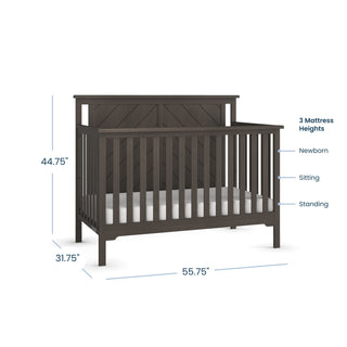 The Child Craft Hampton Flat Top 4-in-1 Convertible Crib in Dapper Gray features vertical slats, adjustable mattress support (newborn, sitting, standing), and measures 44.75" high, 31.75" deep, and 55.75" wide.