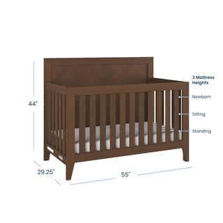 The Child Craft Kieran 4-in-1 Convertible Crib in Toasted Chestnut features slatted sides, a solid headboard, and measures 55" L x 29.25" W x 44" H with three adjustable mattress heights—ideal nursery furniture for your growing baby.