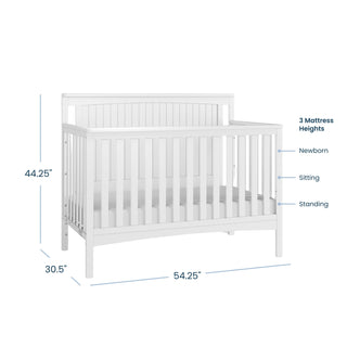 The Child Craft Scout 4-in-1 Convertible Crib in Matte White features slatted sides and back, measures 44.25"H x 30.5"D x 54.25"W, and offers three adjustable mattress heights: Newborn, Sitting, and Standing—ideal for any nursery.