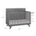 The Child Craft Soho 4-in-1 Flat Top Convertible Crib in Cool Gray features a high back panel, slatted sides, and measures 43.78