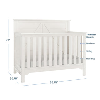 The Child Craft Woodland 4-in-1 Convertible Crib in Brushed Cotton is a white pine crib with a high back, measuring 47"H x 55.75"W x 30.75"D, and features adjustable mattress support for newborn, sitting, and standing stages.