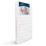 The HALO Essential Breathable Crib Mattress, featuring a waterproof cover and wavy pattern, stands upright. The packaging displays a baby in a gray outfit, highlighting branding and safety details for your little ones comfort.