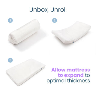 Three-step instruction graphic showing a GREENGUARD Gold certified Essential Breathable Crib Mattress being unrolled and expanding to its full thickness.