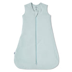 The HALO SuperSoft Bamboo Wearable Blanket TOG 1.5 is a sleeveless, light blue baby sleep sack with a front zipper from collar to bottom and a gently flared, rounded hem.