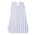 The HALO Wearable Blanket 100% Cotton TOG 0.5, with blue and white vertical stripes, is a sleeveless design for safe sleep and features a front zipper for easy access.
