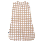 The HALO Wearable Blanket Micro-Fleece TOG 1.0 is a sleeveless, beige and white checkered sleep sack with a front zipper from neckline to bottom, designed for infants or toddlers to ensure safe sleep.