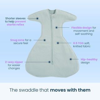 Introducing the HALO SwaddleStretch™ Newborn Swaddle TOG 0.5: a light blue, hip-healthy swaddle featuring shorter sleeves to reduce the startle reflex, a snug zone for security, and a soft, stretchy 0.5 TOG knitted fabric. Its flexible design and convenient 2-way zipper make it easy to use—giving your baby freedom to move while staying safe and comfy. The swaddle that moves with them.
