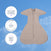 The SwaddleStretch™ Newborn Swaddle TOG 0.5 by HALO, in beige, is displayed against a sky background. Text bubbles emphasize over 5 years of research, hospital use, and its patented original sleeve design for this hip-healthy SleepSack Swaddle.