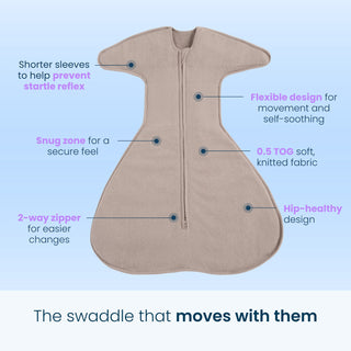 HALO SwaddleStretch™ Newborn Swaddle TOG 0.5 in gray features short sleeves and a convenient front zipper, making diaper changes easy while offering a snug, self-soothing design. Crafted from breathable fabric to keep your little one comfortable, this hip-healthy baby sleep sack is shown against a blue gradient background with text highlighting its standout features.