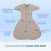 HALO SwaddleStretch™ Newborn Swaddle TOG 0.5 in gray features short sleeves and a convenient front zipper, making diaper changes easy while offering a snug, self-soothing design. Crafted from breathable fabric to keep your little one comfortable, this hip-healthy baby sleep sack is shown against a blue gradient background with text highlighting its standout features.
