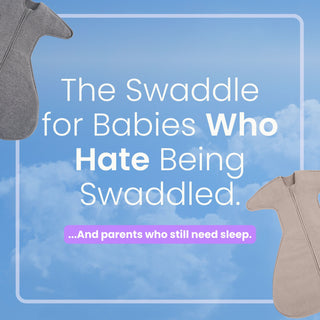 Text on a cloud background reads: The HALO SwaddleStretch™ Newborn Swaddle TOG 0.5: For babies who don’t love swaddling—and parents who still need sleep. Gray hip-healthy sleep sack garments are shown in two corners.