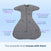 HALO SwaddleStretch™ Newborn Swaddle in gray, featuring labeled details: short sleeves, flexible fit, snug zone, 0.5 TOG soft fabric, 2-way zipper, and hip-healthy shape. Text below reads: The hip-healthy sleep sack that moves with them.