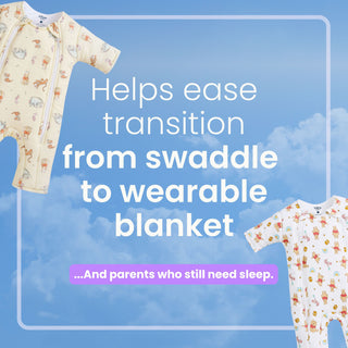 Two Disney® Winnie the Pooh Baby Merlin’s Magic Sleepsuit® 100% Cotton sleepsuits by HALO float against a sky background, with text: Make the swaddle transition easier with the Magic Sleepsuit—a perfect baby sleep suit from HALO for peaceful nights… and well-rested parents.