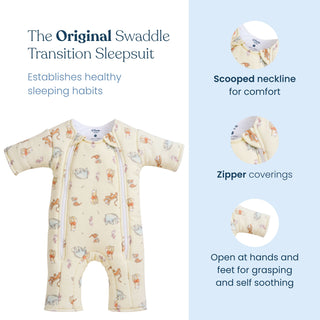 Introducing the Disney® Winnie the Pooh Baby Merlin’s Magic Sleepsuit® 100% Cotton by HALO—a cozy yellow sleepsuit adorned with charming animal prints. Designed with a scooped neckline, zipper coverings, and convenient openings at the hands and feet, this sleepsuit is crafted to support your little one during sleep regression or while transitioning from a swaddle. Its thoughtful features help encourage healthy sleep habits, making it an ideal choice for peaceful nights.