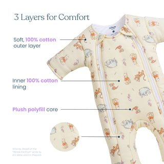 Infographic featuring the HALO Disney® Winnie the Pooh Baby Merlin’s Magic Sleepsuit® 100% Cotton, adorned with an adorable Winnie the Pooh print. Labels highlight its layers: a soft 100% cotton outer shell, cozy 100% cotton inner lining, and a cushioned polyfill core for extra comfort. Ideal as a cozy baby sleepsuit, this thoughtfully designed piece supports little ones during sleep regression or serves as the perfect swaddle transition solution.