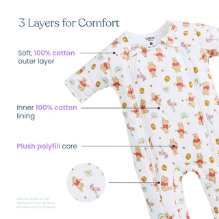 A Disney® Winnie the Pooh Baby Merlin’s Magic Sleepsuit® by HALO is shown, featuring a gentle character print and three labeled layers: a soft 100% cotton outer layer, an inner 100% cotton lining, and a plush polyfill core for added comfort—making it an ideal sleep suit or swaddle transition piece inspired by the cozy design of the original Magic Sleepsuit.