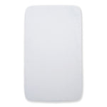 A plain, rectangular white 2-in-1 Bedside Bassinet Sleeper Fitted Sheet by HALO with rounded corners, designed for the HALO bassinet, shown against a white background.
