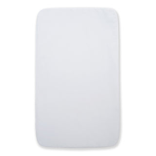 A plain, rectangular white 2-in-1 Bedside Bassinet Sleeper Fitted Sheet by HALO with rounded corners, designed for the HALO bassinet, shown against a white background.