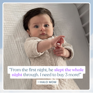A baby wearing a quilted HALO Easy Transition SleepSack TOG 1.5 lies in a crib next to a testimonial about sleeping through the night, highlighting the product as a solution for a smooth swaddle transition.