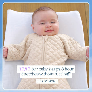 A baby in a quilted Easy Transition SleepSack TOG 1.5 lies on a changing pad next to the text, 10/10 our baby sleeps 8 hour stretches without fussing! — a testimonial for better sleep from a HALO mom.