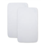 Two rectangular white 2-in-1 Bedside Bassinet Sleeper Fitted Sheet 2-Pack sheets for a HALO BassiNest bedside sleeper, shown side-by-side.