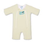 The HALO Baby Merlins Magic Sleepsuit® Micro-Fleece is a pale yellow, long-sleeve baby sleepsuit with front zippers and blue branding with a moon and star graphic—perfect for swaddle transition to help babies sleep better. Displayed on a white background.