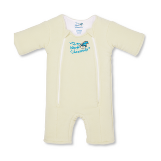 The HALO Baby Merlins Magic Sleepsuit® Micro-Fleece is a pale yellow, long-sleeve baby sleepsuit with front zippers and blue branding with a moon and star graphic—perfect for swaddle transition to help babies sleep better. Displayed on a white background.