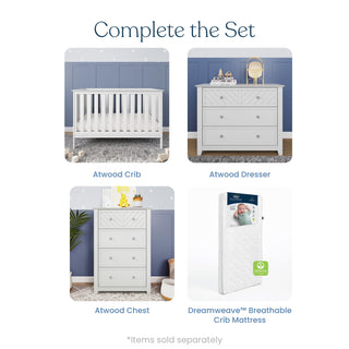 A collage shows the Child Craft Atwood 3-in-1 Euro Convertible Crib in Matte White, matching dresser, chest of drawers, and a packaged crib mattress with "Complete the Set." Each item is labeled and sold separately.