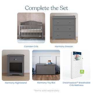 A collage showcases the Child Craft Camden 4-in-1 Convertible Crib in Cool Grey, dresser, nightstand, toy box, and a white crib mattress. “Complete the Set” is above; product names are below. Items like the crib sold separately.