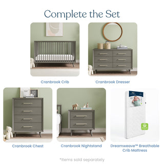 A Child Craft Cranbrook 4-in-1 Convertible Crib in Lunar Gray, dresser, chest, and nightstand are displayed with a white Dreamweave breathable crib mattress. Text reads “Complete the Set.”.