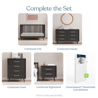 The nursery set features the Child Craft Cranbrook 4-in-1 Convertible Crib in Ebony plus a dresser, chest, nightstand, and a white breathable crib mattress. Each piece is labeled; note that items are sold separately.
