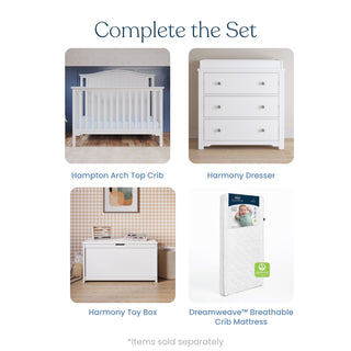 Four white nursery pieces are shown: the Child Craft Hampton Arch Top 4-in-1 Convertible Crib in Matte White, a three-drawer dresser, a toy box, and a breathable crib mattress. Each is labeled; *Items sold separately.